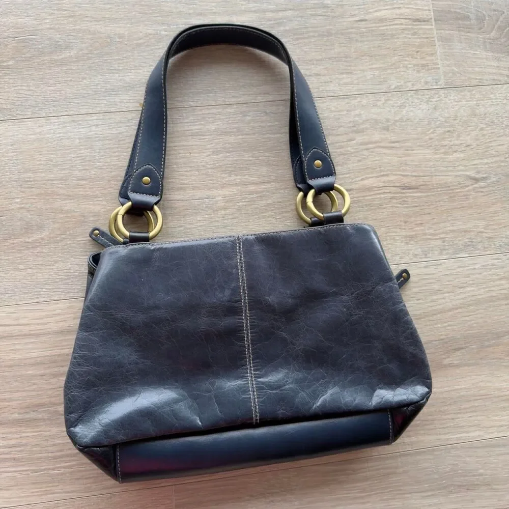 Worthington VTG Navy Leather Hobo Shoulder Handbag Purse Gold Hardware Y2K Boho